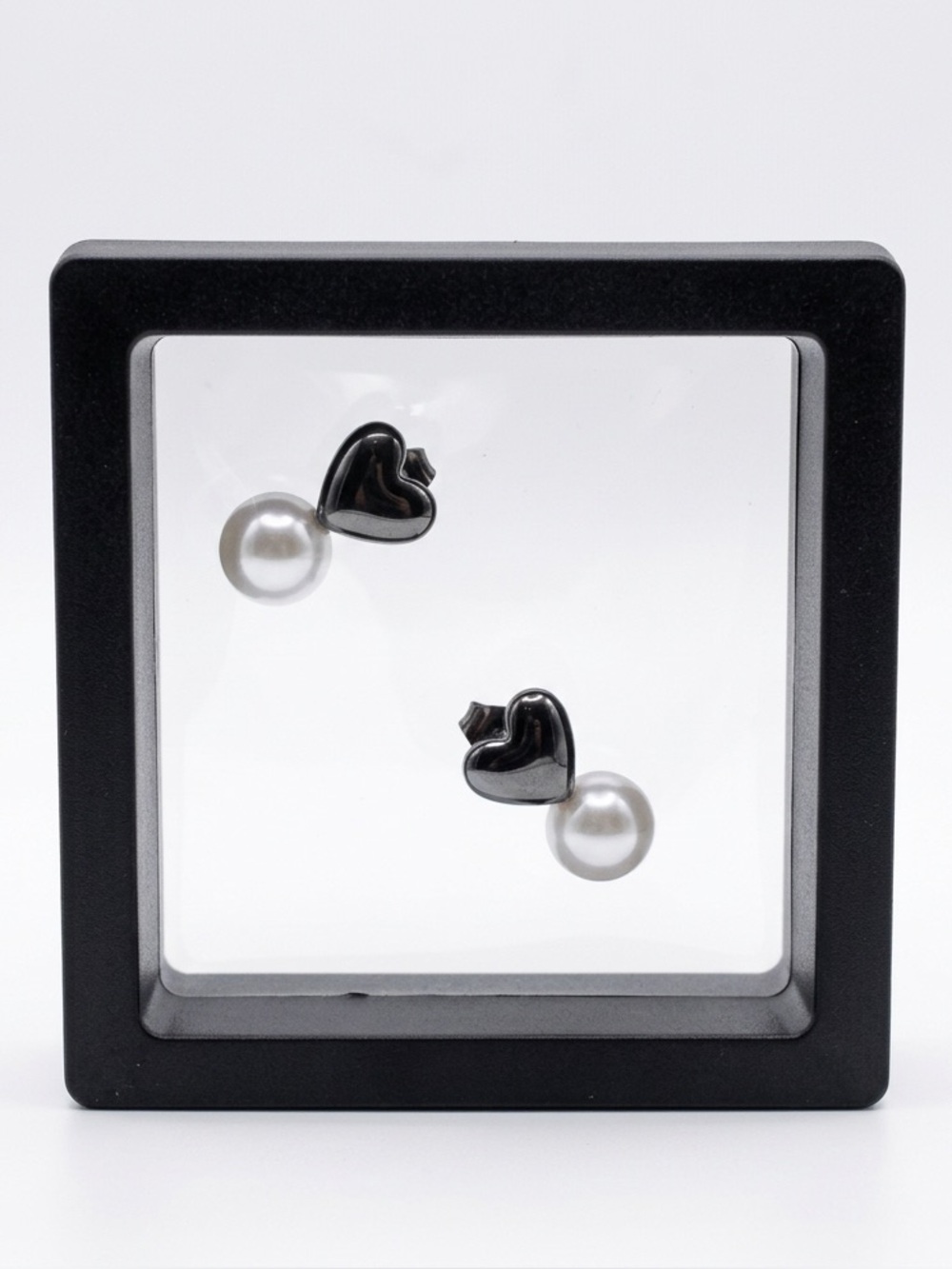 Hematite Tone Heart & Faux Pearl Double Sided Stud Earrings